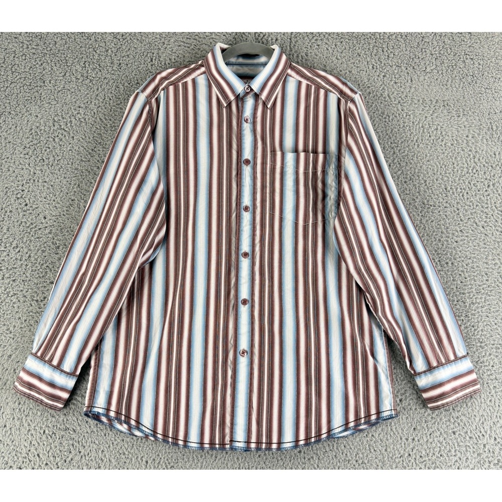 Indigo Palms Button Down Shirt Mens Medium Brown Blue Striped Cotton Long Sleeve
